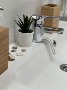 una pianta seduta su un bancone del bagno accanto a un lavandino di Apartamento Puerto Rico - Primera línea de playa a Mogán