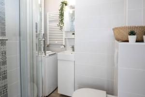 une salle de bains blanche avec toilettes et lavabo dans l'établissement Woody 100m du lac balcon, à Annecy 27 autres photos