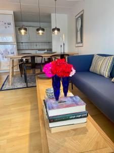 a living room with a blue couch and a table with books at Skuespiller Centralen in Viborg