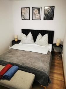 um quarto com uma cama grande com três fotografias na parede em Under the Hill 1 em Bad Muskau