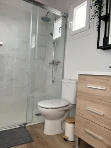 a bathroom with a toilet and a glass shower at Ático casa de invitados Bluemoon in Las Lagunas