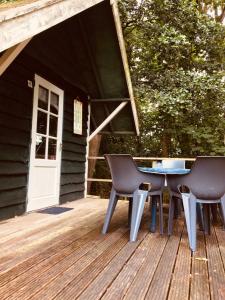 een terras met 2 stoelen en een tafel bij Basic Lodge in Nature in Schagerbrug