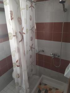 W łazience znajduje się prysznic z zasłoną prysznicową. w obiekcie Patmos house Leo & Mary w mieście Patmos