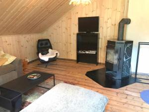 sala de estar con chimenea y sofá en Lakeside Guesthouse, en Ramvik