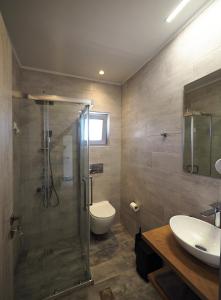 een badkamer met een douche, een toilet en een wastafel bij Terra Di Pietra Exclusive Suites & Apartments in Areopolis