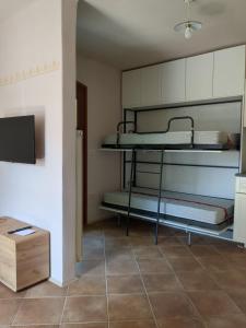 een kamer met 2 stapelbedden en een tv bij Apartmaji Klanc in Bovec