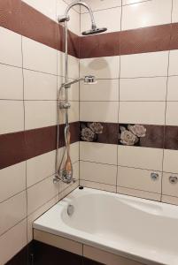 y baño con ducha y lavabo blanco. en Sončni apartma, en Ankaran