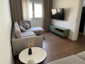 a living room with a couch and a tv at PINE HOUSE 2023 in Vlorë
