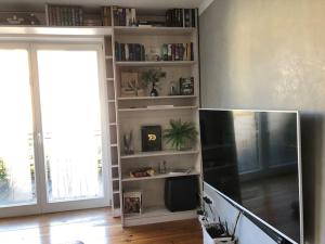 ein Wohnzimmer mit einem TV und einem Bücherregal in der Unterkunft Künstlerapartment Potsdam in Potsdam