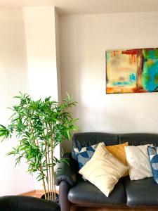 Ruhige und erholsame Wohnung mit Balkon في غوتنغن: أريكة جلدية سوداء في غرفة معيشة مع نبات