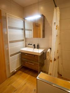 y baño con lavabo y ducha. en Ferienwohnung Philipp, en Traben-Trarbach