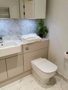 a bathroom with a white toilet and a sink at Entire Studio Apartment in Central London SE1 in London