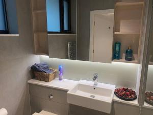 a bathroom with a sink and a mirror at Entire Studio Apartment in Central London SE1 in London