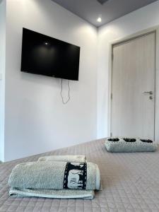 een slaapkamer met een bed en een flatscreen-tv aan de muur bij Central Vista Apartment by LMG in Sofia