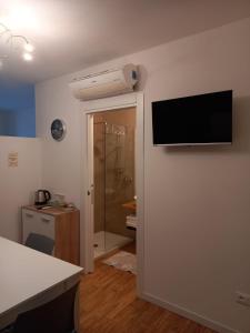博爾索德爾格拉帕的住宿－Appartamento Regina，一间位于房间墙上的带电视的浴室