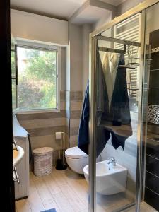 a bathroom with a toilet and a shower and a sink at Maisonette cibeno in Carpi