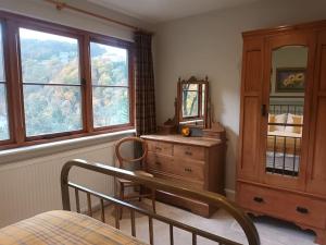 een slaapkamer met een houten dressoir en een spiegel bij Treetop Cottage at Countisbury Lodge in Lynmouth