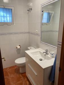 a bathroom with a sink and a toilet and a mirror at Villa Jara 25 in Nerja