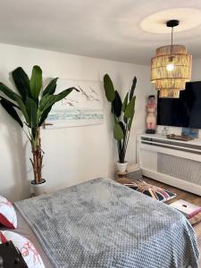 - une chambre avec un lit et une plante en pot dans l'établissement LA PLAGE, à La Grande Motte