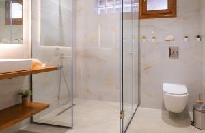 ein Badezimmer mit Dusche, Toilette und Waschbecken in der Unterkunft Mirabilia deluxe apartment in Arillas