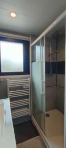 uma casa de banho com um chuveiro e uma porta de vidro em Aux Passagers de la Baie em Le Crotoy