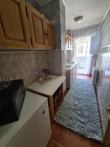 a kitchen with wooden cabinets and a rug at Garsoniera Slanic-Moldova in Slănic-Moldova