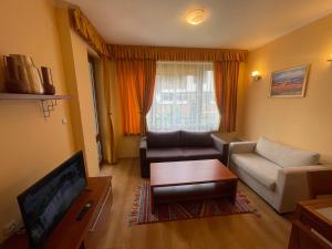 a living room with a couch and a tv at Ski-in ski-out Fantastic Apartament in Bansko