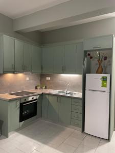 a kitchen with green cabinets and a white refrigerator at Nemesis in Litochoro