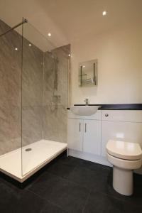 a bathroom with a shower and a toilet and a sink at Owls Roost 2 en-suites, nr Port Isaac & Tintagel in Camelford