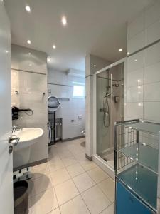 ein Badezimmer mit Dusche, Waschbecken und Toilette in der Unterkunft Wohnung für 4 Pers in Sechtem bei Köln/Bonn, DB-Anschluß in Bornheim + 16 Fotos