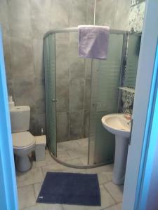 a bathroom with a shower and a toilet and a sink at Blue House in Mugla