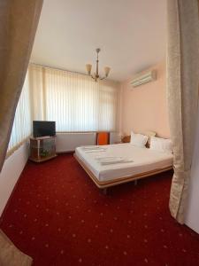 ein Schlafzimmer mit einem großen Bett und einem roten Teppich in der Unterkunft hotel TEDI in Assenowgrad