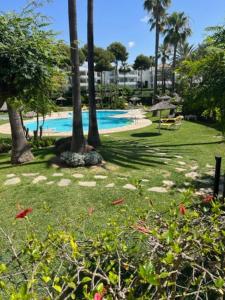 a swimming pool with palm trees in a park at Rancho Miraflores Seaview Studio in La Cala de Mijas