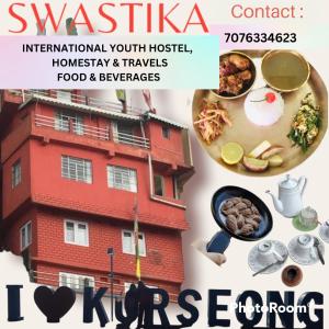 un folleto para un restaurante con una foto de un edificio en International Youth Hostel and Homestay Kurseong Bazar en Kurseong