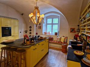 a kitchen with a large island in a room at Wohnen im Wasserschloss Sandizell in Schrobenhausen