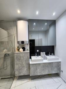 a bathroom with two sinks and a large mirror at LUX Apartman Simi in Divčibare