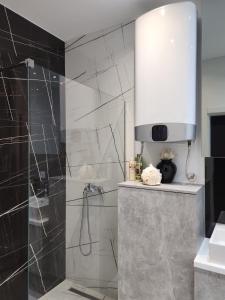 a bathroom with a shower with a glass door at LUX Apartman Simi in Divčibare