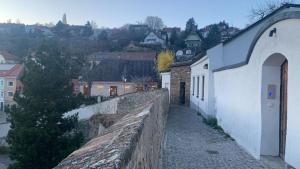 uma vista para uma cidade com uma parede e edifícios em kremsoase em Krems an der Donau