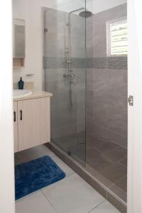 a bathroom with a shower with a glass door at OceanView Villa in Discovery Bay