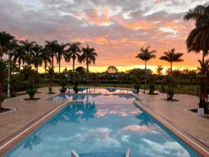 una piscina con palmeras y una puesta de sol en el fondo en Hotel Campestre Los Chiguiros en Villavicencio