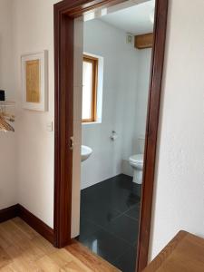 a bathroom with a toilet and a glass door at Carraig Inn in Derreen