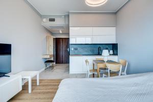 una camera da letto con cucina e sala da pranzo di HANZA TOWER Swimming Pool & Spa 18 floor great view studio a Stettino