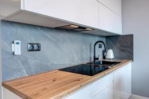 una cucina con un lavello e un piano di lavoro di HANZA TOWER Swimming Pool & Spa 18 floor great view studio a Stettino