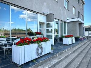a building with two flowerpots with red flowers in them at Lomahuoneisto Wanha Vääksy in Vääksy