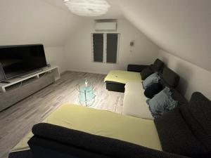 een woonkamer met een bank en een flatscreen-tv bij Villa Green Hill, Cista Velika, Imotski in Omiš
