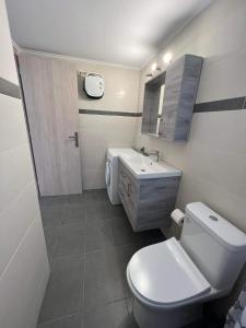 a bathroom with a white toilet and a sink at Karfas Seascape in Chios +5 photos