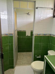 y baño con ducha de azulejos verdes y aseo. en Hotel Campestre Los Chiguiros en Villavicencio