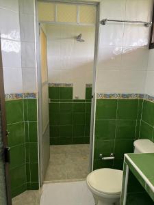 y baño con ducha de azulejos verdes y aseo. en Hotel Campestre Los Chiguiros, en Villavicencio