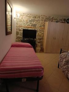 ein Schlafzimmer mit einem Bett und einem TV in einem Zimmer in der Unterkunft Taverna abitazione a 15 km da Firenze in Prato
