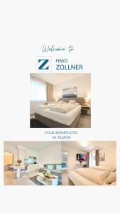 a collage of two pictures of a bedroom at Pension - Ferienwohnungen Zollner in Villach